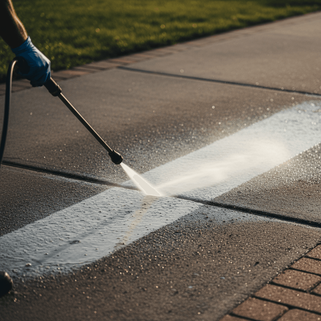 Pressure washing cleaning driveway concrete