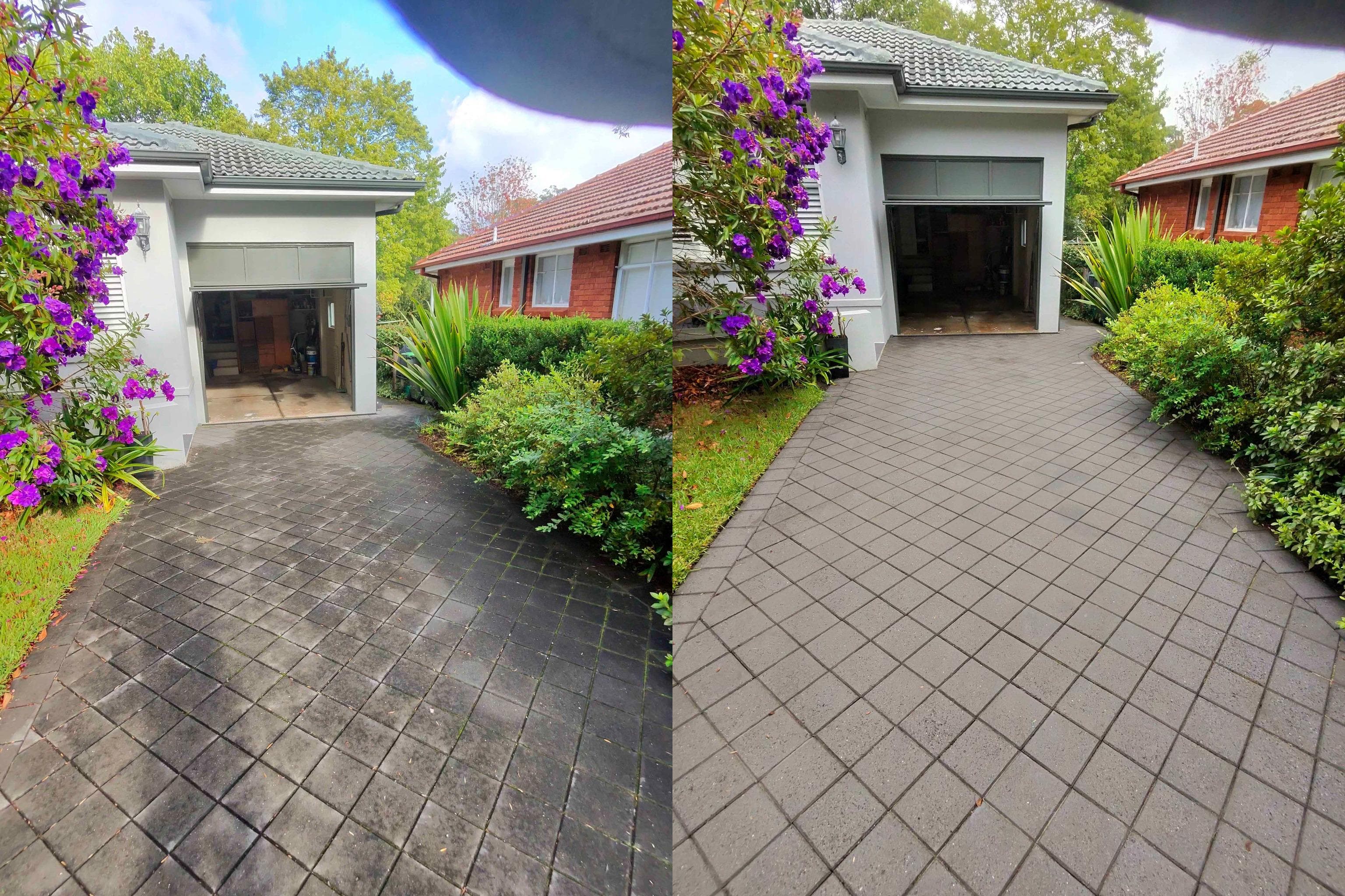 Side-by-side comparison of a dirty diamond-patterned driveway before and after a thorough cleaning.