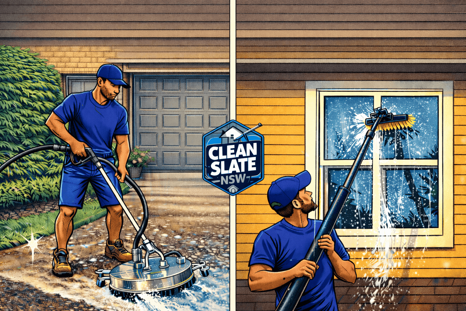 Clean Slate NSW workers pressure washing a driveway and cleaning a window with a brush.