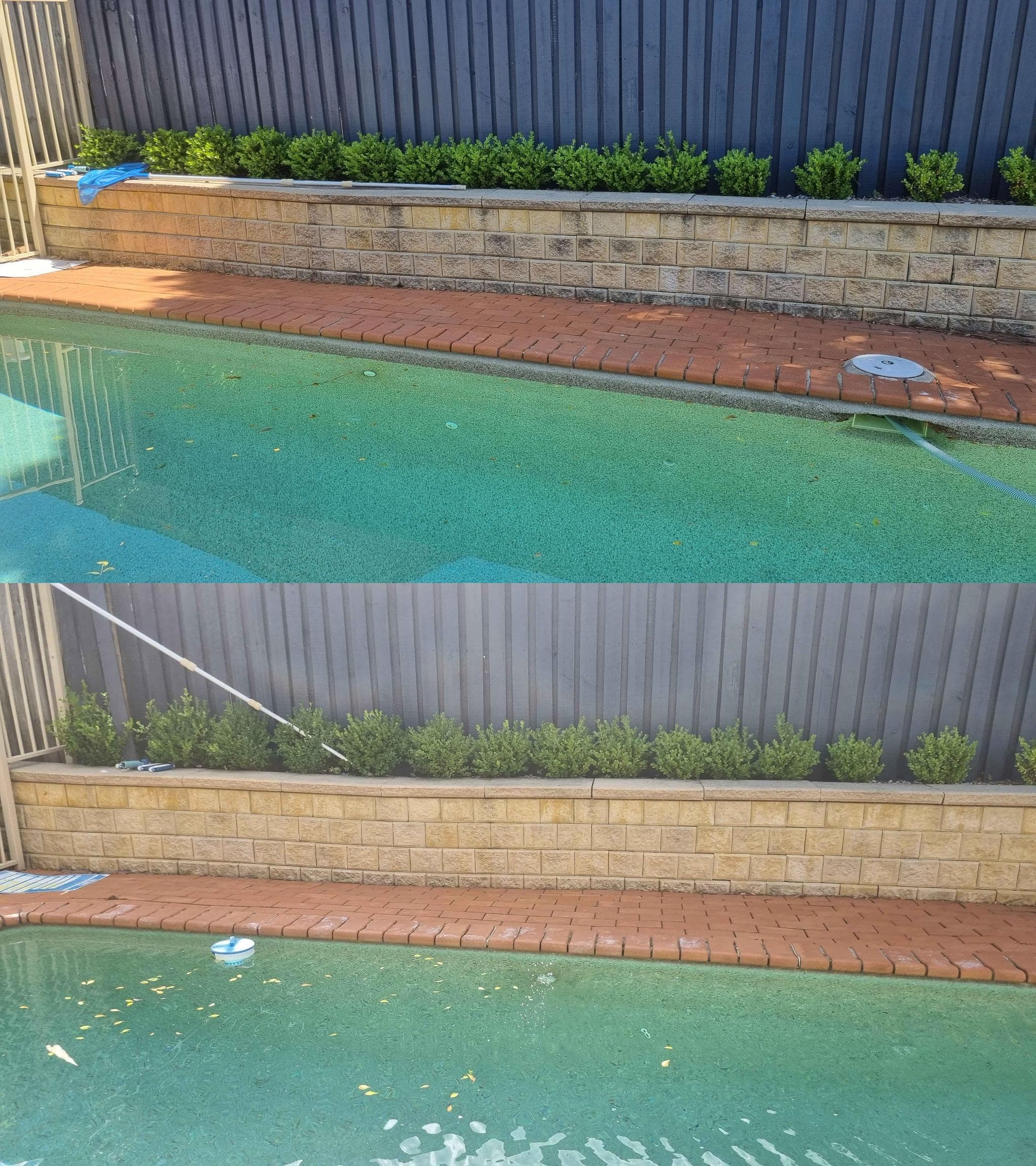 Comparison of a dirty stone retaining wall before and after cleaning next to a pool.